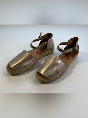 Penelope Chilvers Metallic Pewter Leather Espadrille Wedge Sandals 39